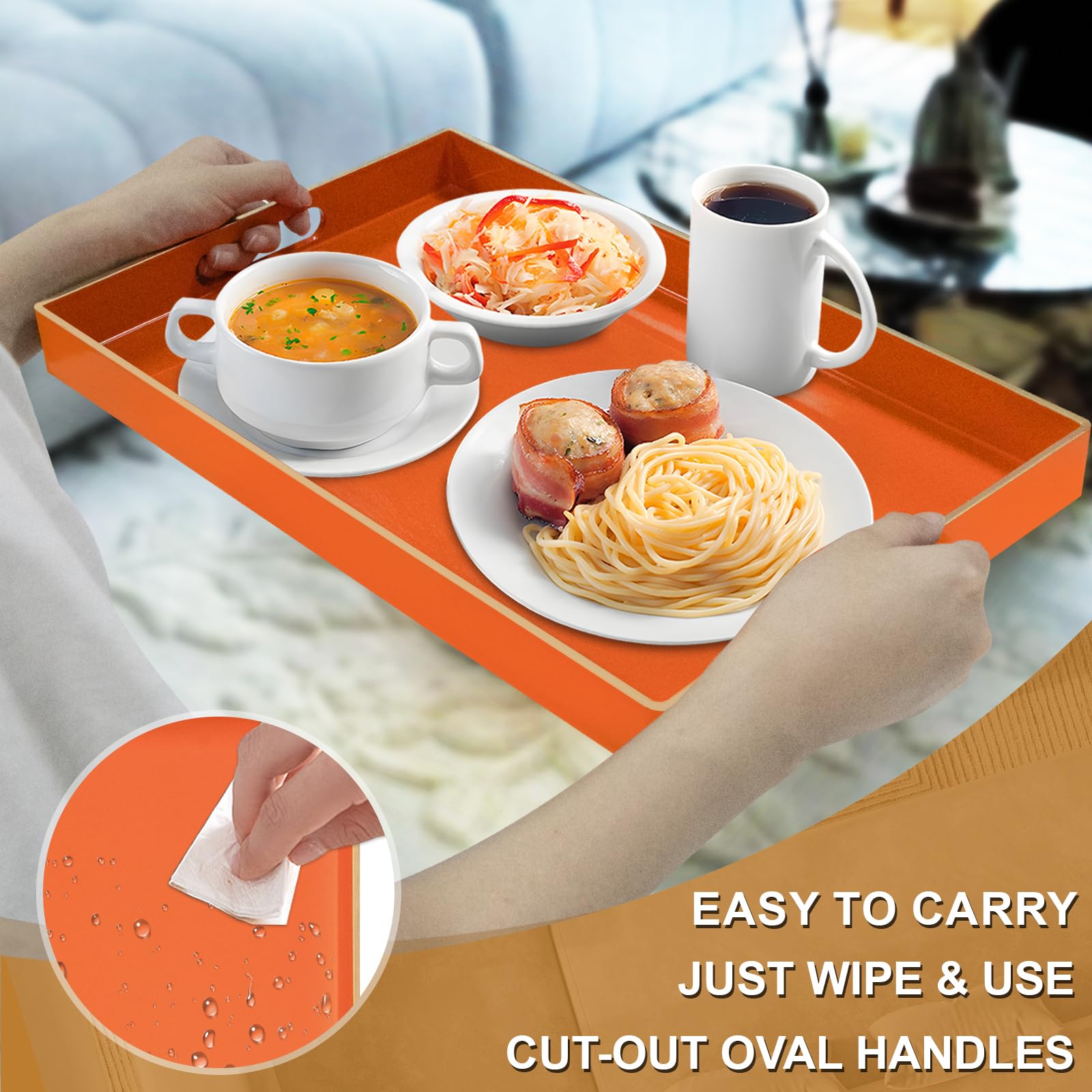 MAONAME tray carrying coffee cups and snacks demonstrating secure handles and spill protection