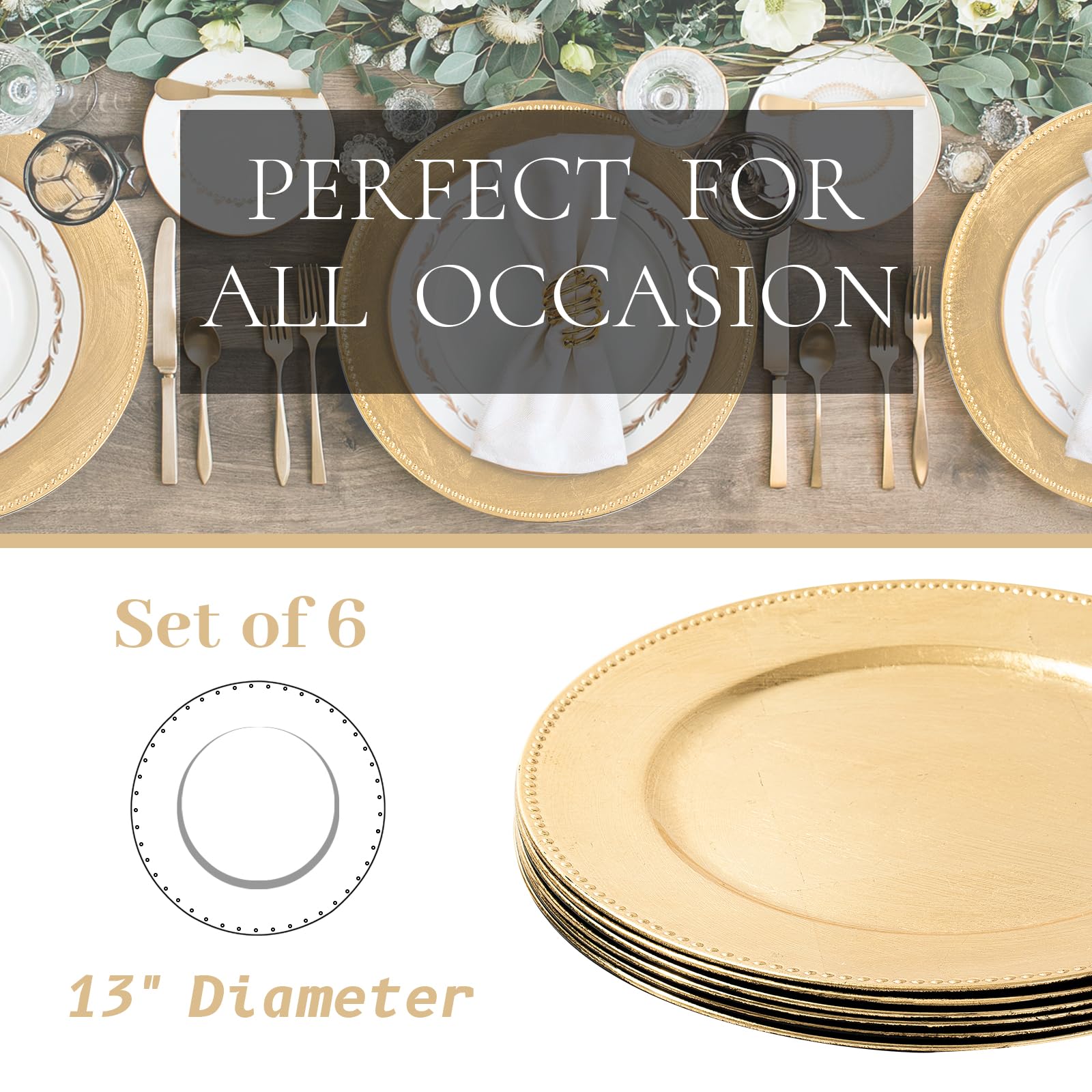 MAONAME charger beside 10-inch dinner plate demonstrating correct fit and scale