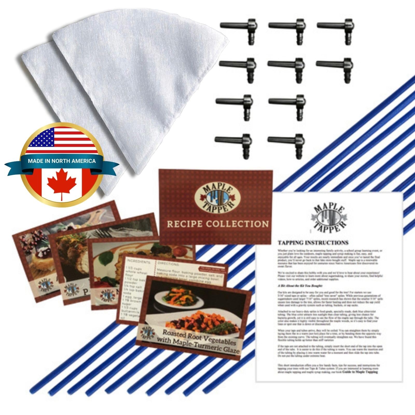 Maple Tapper kit box contents showing spiles tubes filters and cards for quick setup benefit