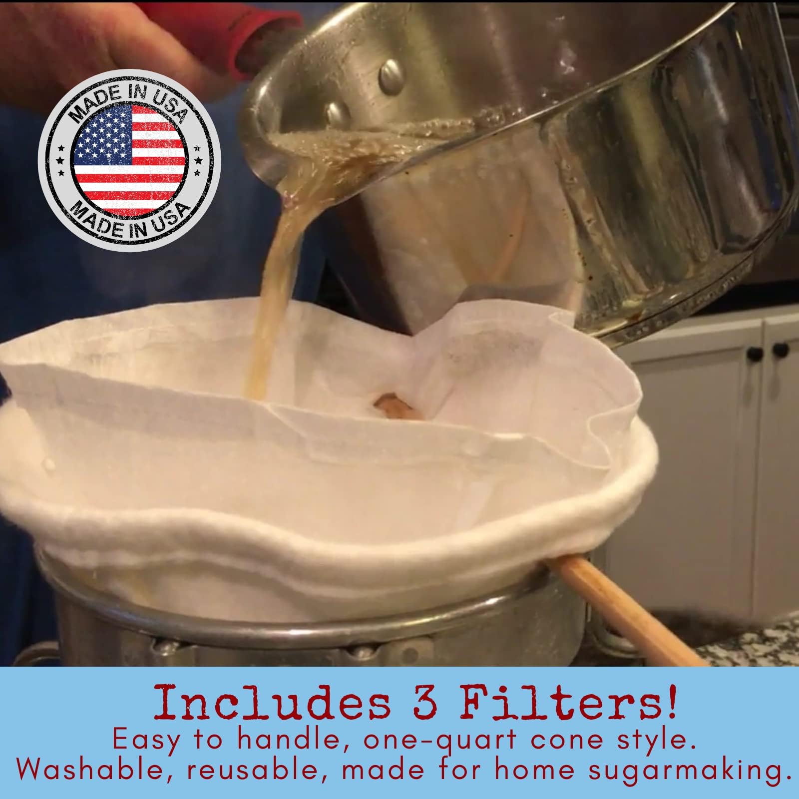 Maple Tapper filter set in use over a boiling kettle for safer pouring