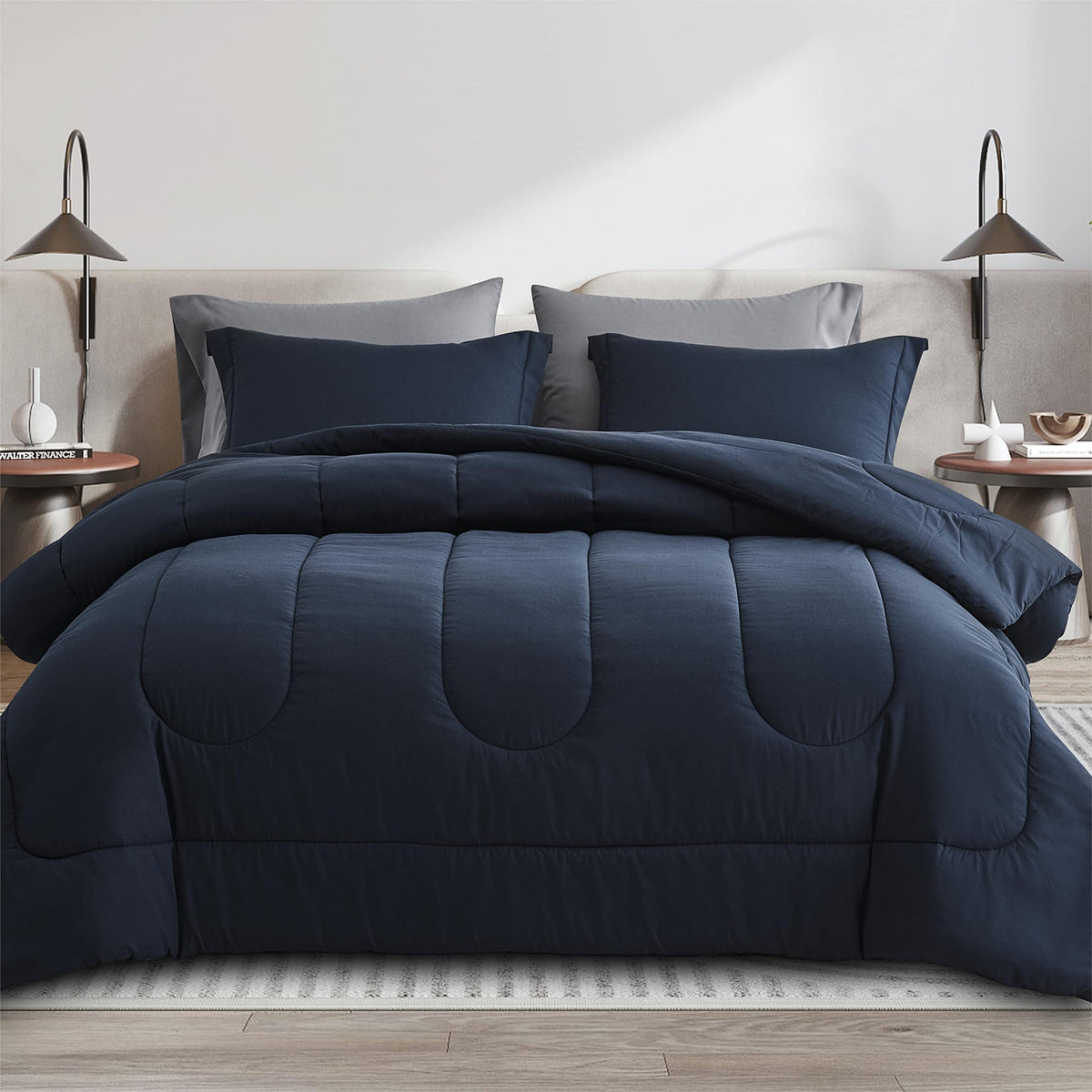 Maple&Stone comforter front view showing navy and dark grey, creates polished bedroom look