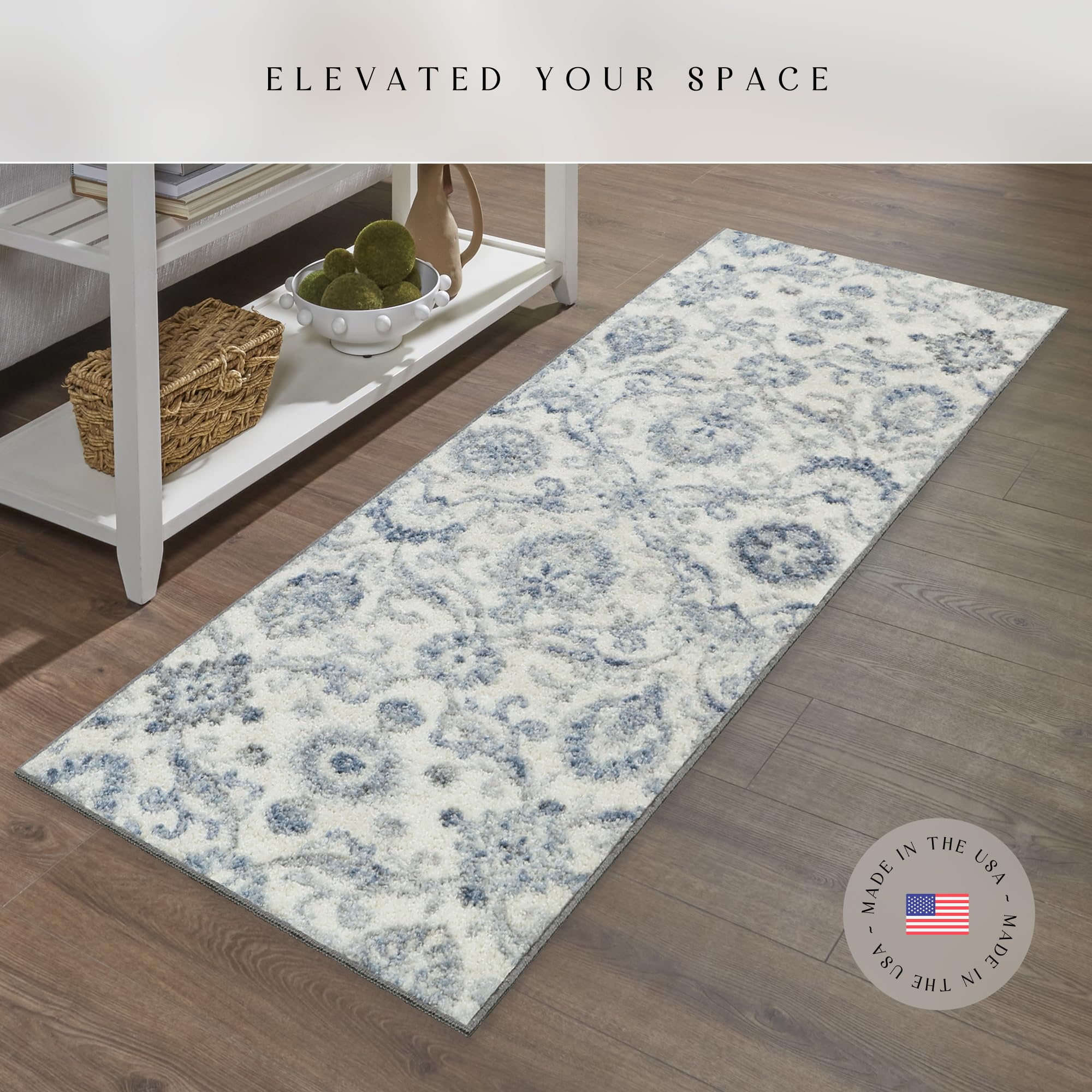 Maples Rugs close-up of distressed damask pattern highlighting texture and color