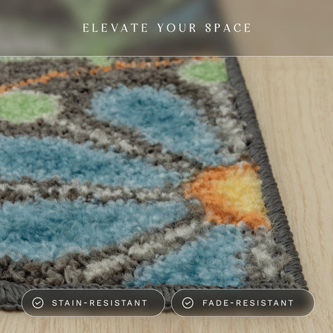 Maples Rugs styled in a kitchen demonstrating color pop and easy-care practicality