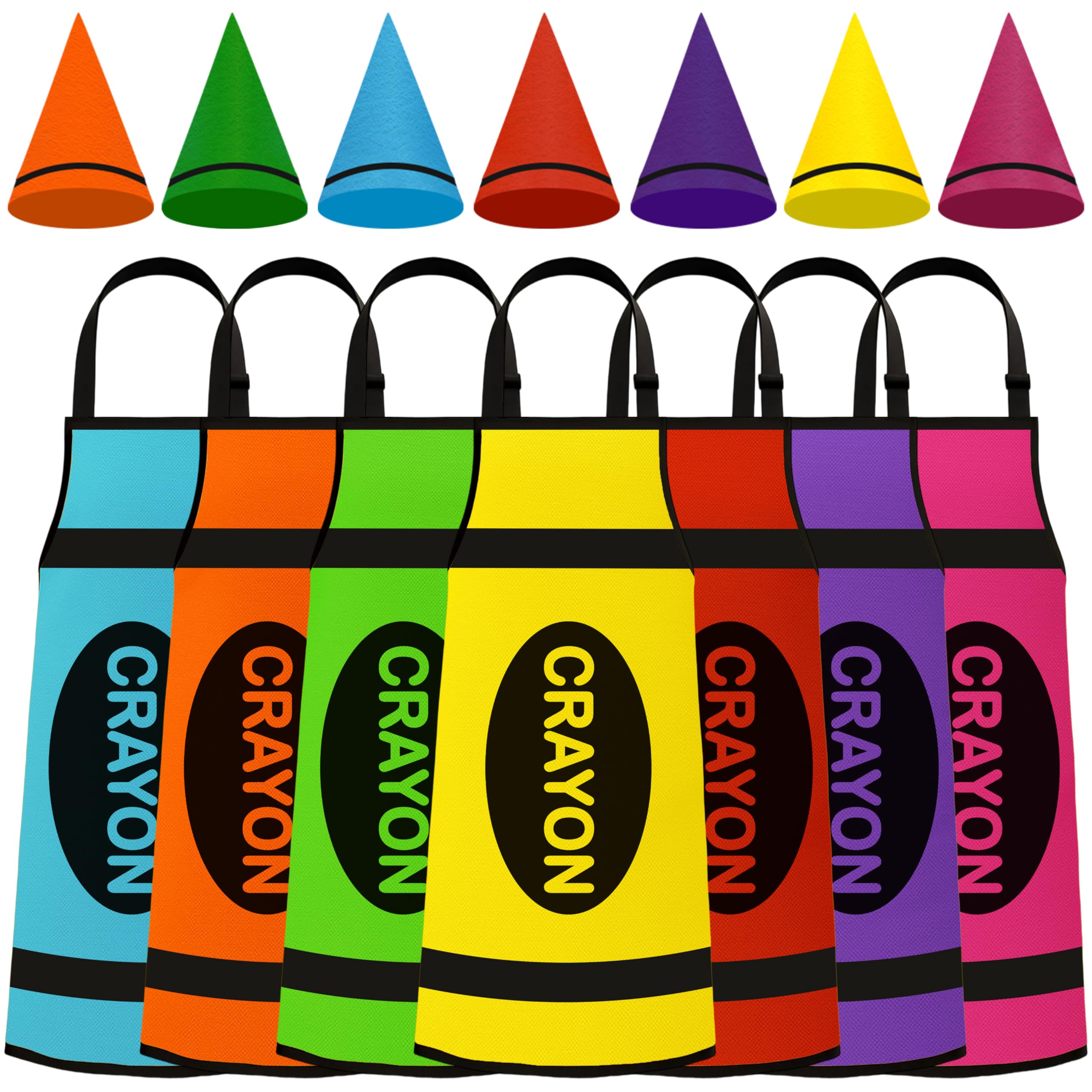 Maqiauly front view showing seven colorful aprons for coordinated groups