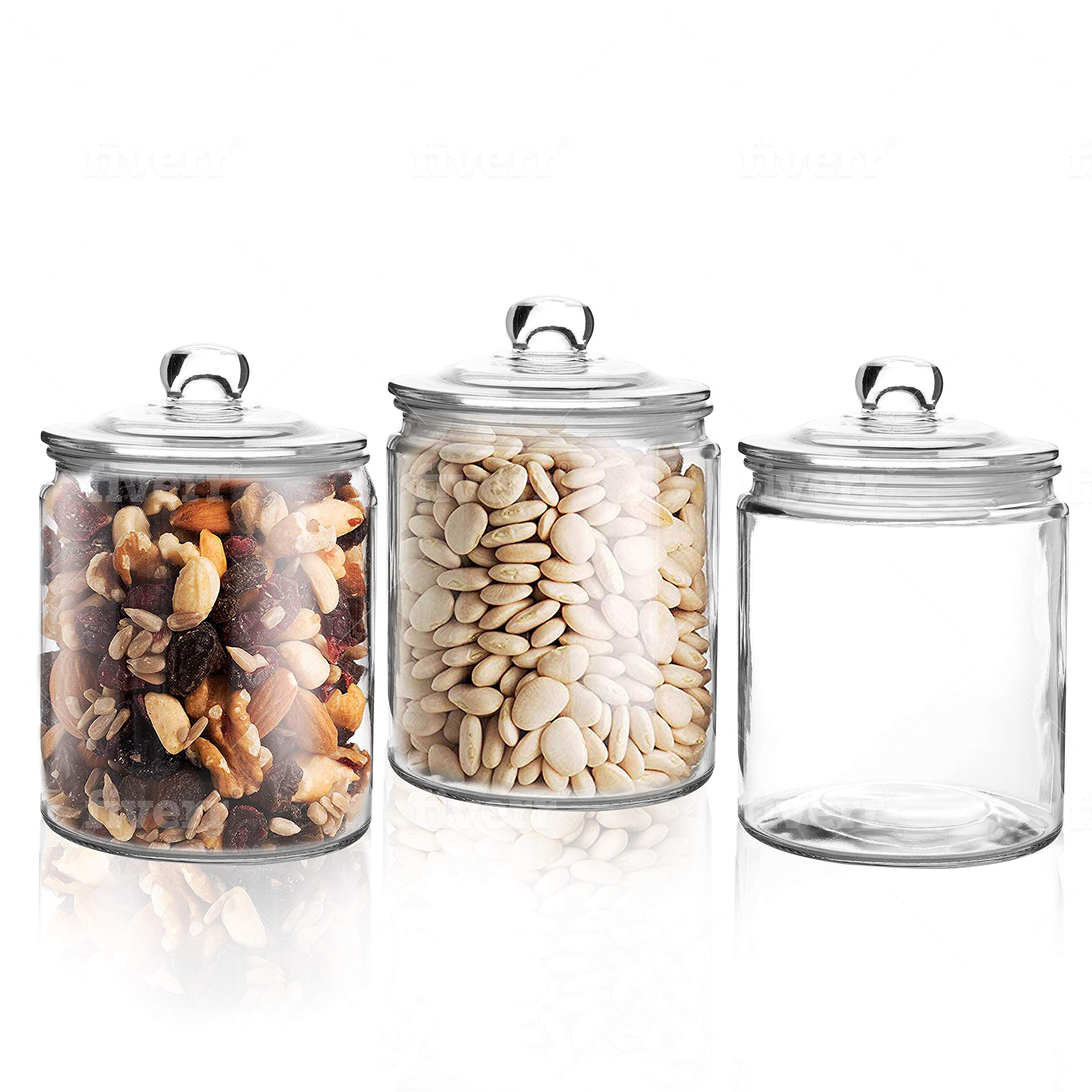 Marbelous front view of three clear glass jars showing contents and neat display benefit
