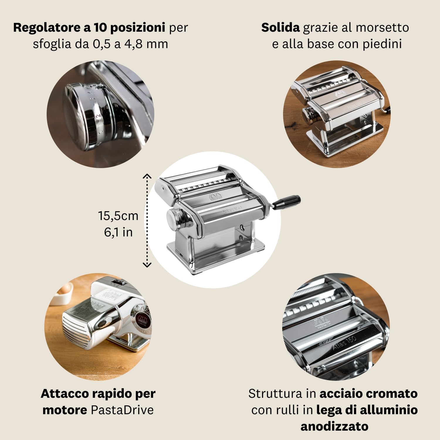 MARCATO Atlas 150 next to common kitchen items showing compact, space-saving size