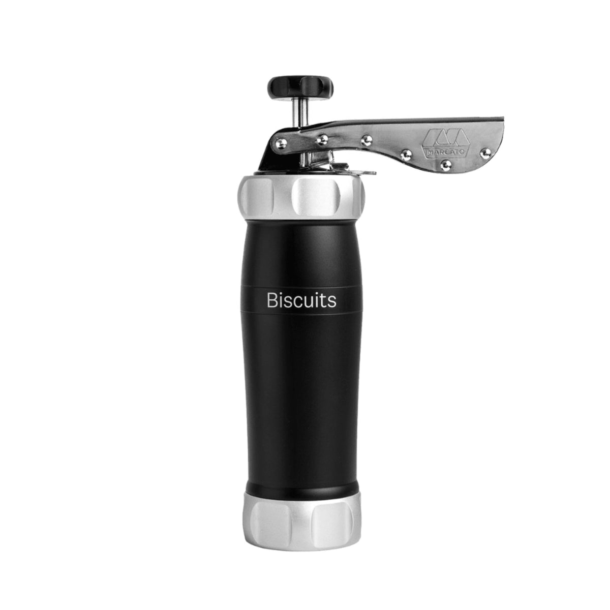 MARCATO cookie press front view showing black body and ergonomic handle, durable build