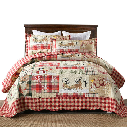 MarCielo front view of quilted bedspread showing full red patchwork and benefit of festive style