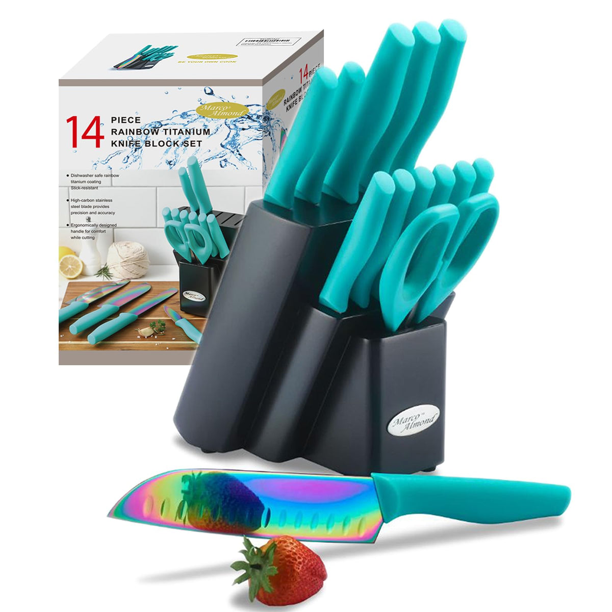 Marco Almond packaging showing full 14-piece set and gift-ready box benefit