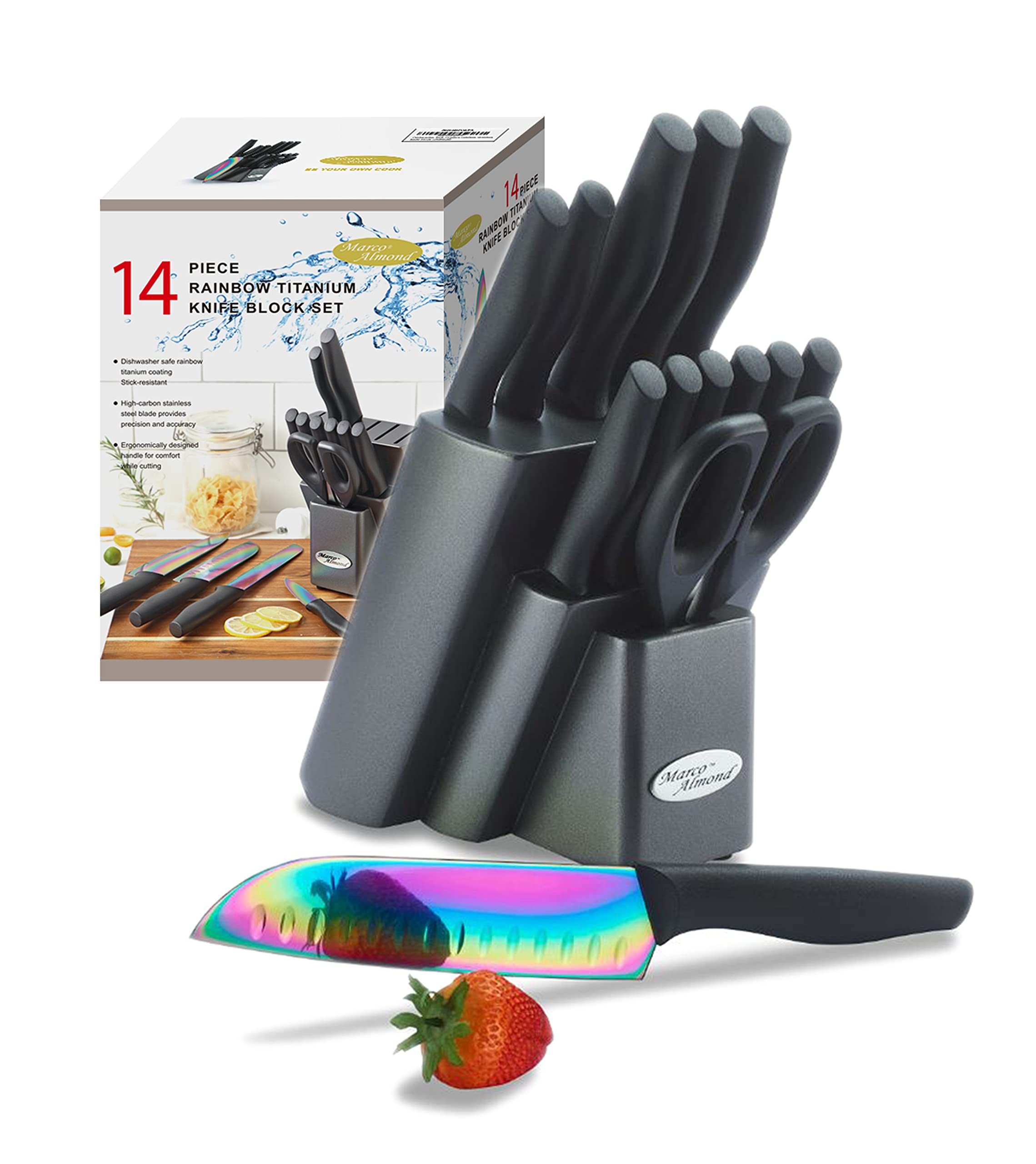 Marco Almond front view of knife block showing colorful set and organized storage