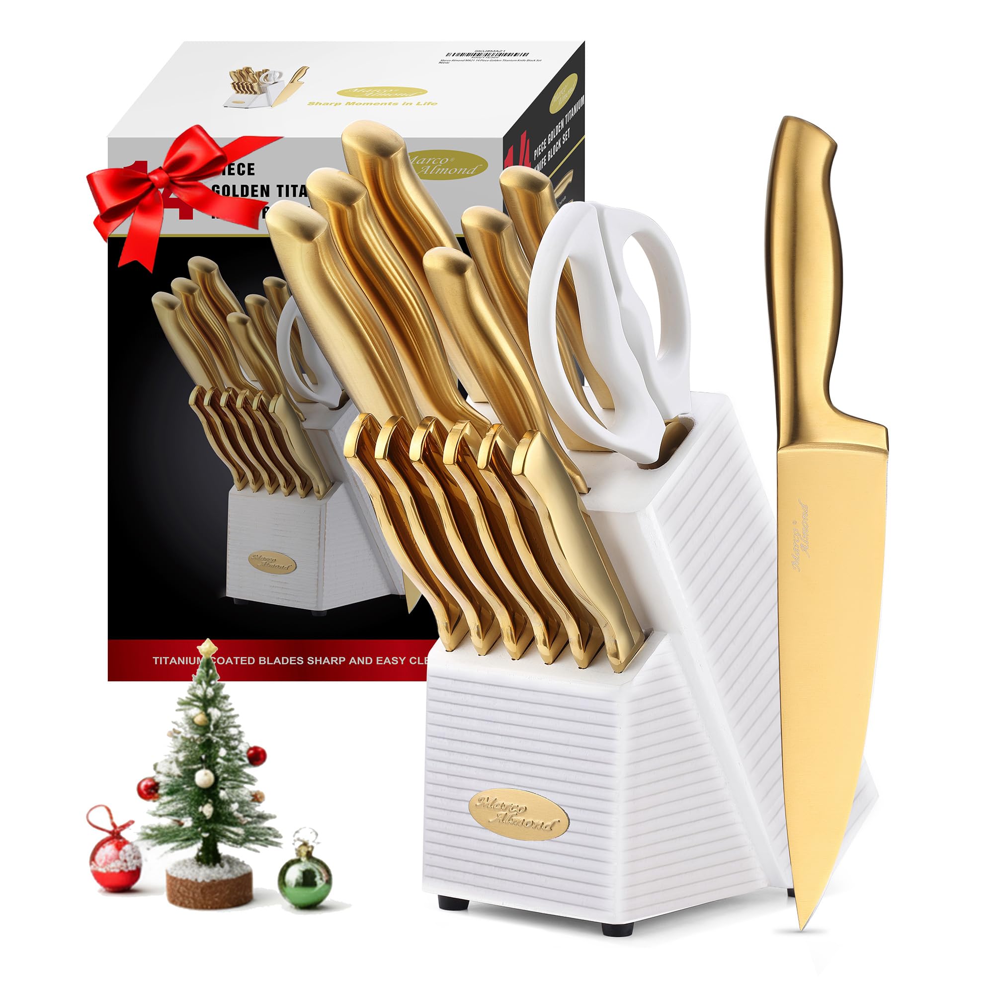Marco Almond front view of white block and gold knives for elegant storage