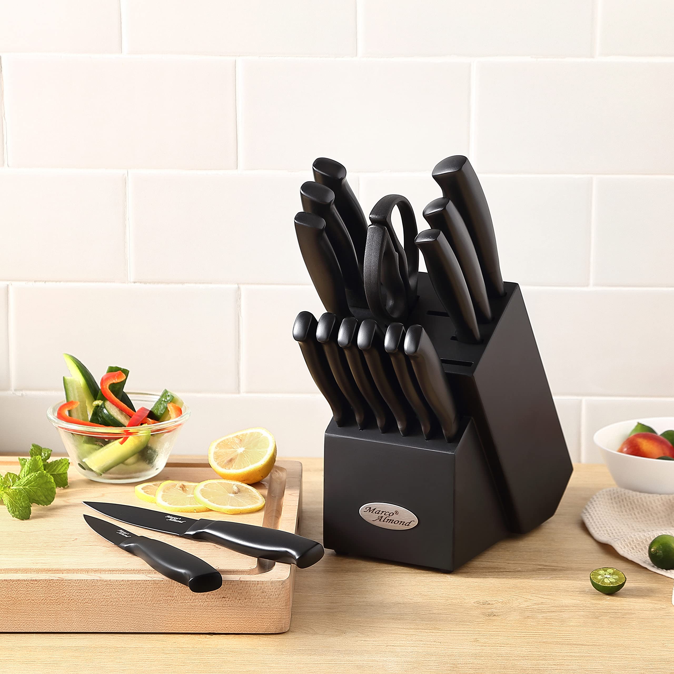 Marco Almond kitchen shears and accessories arranged for multiuse kitchen prep