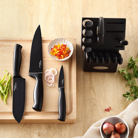 Marco Almond wooden block with knives inserted, organized storage and quick access