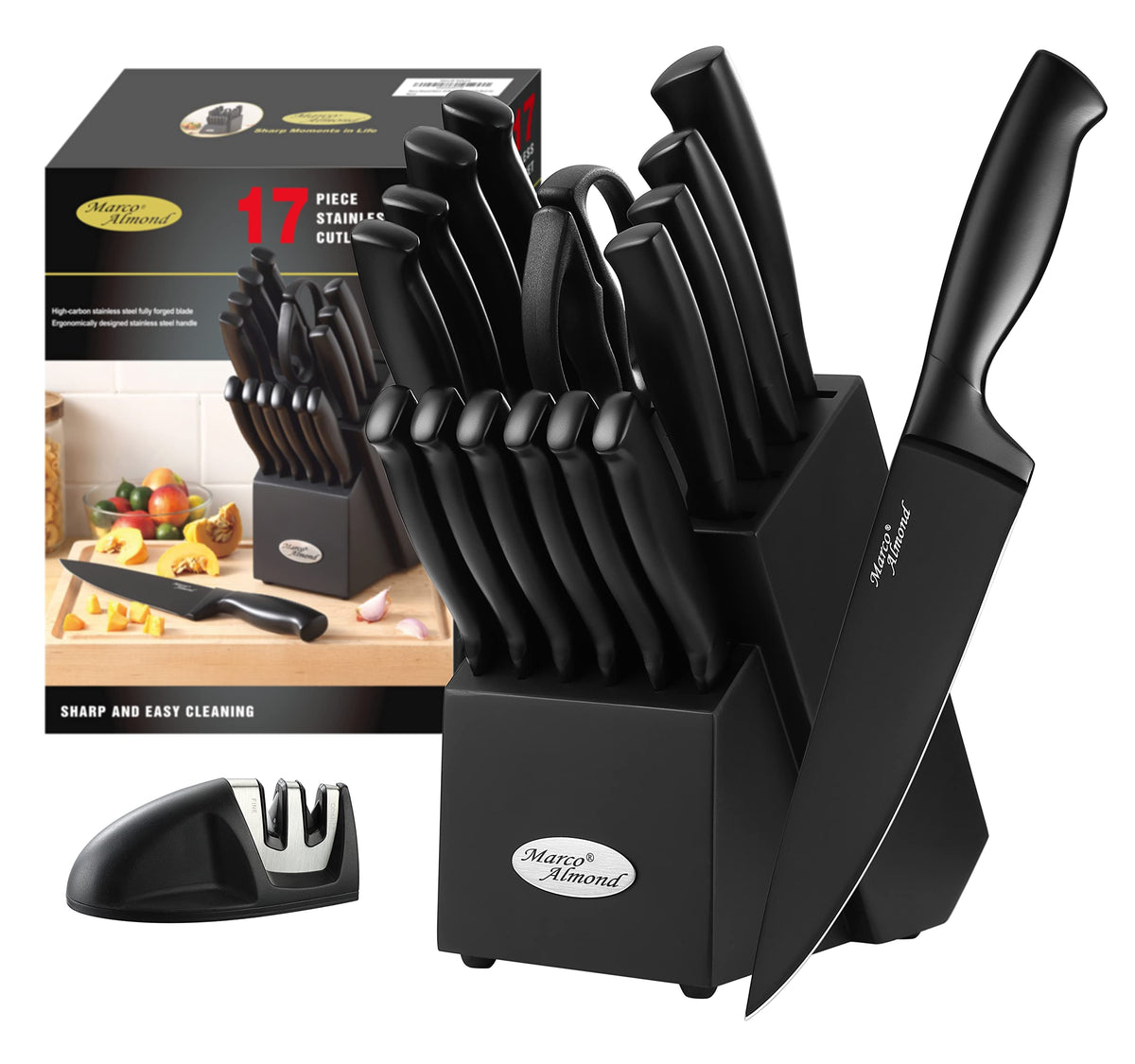 Marco Almond front view of full 17-piece set showing black finish and block benefits