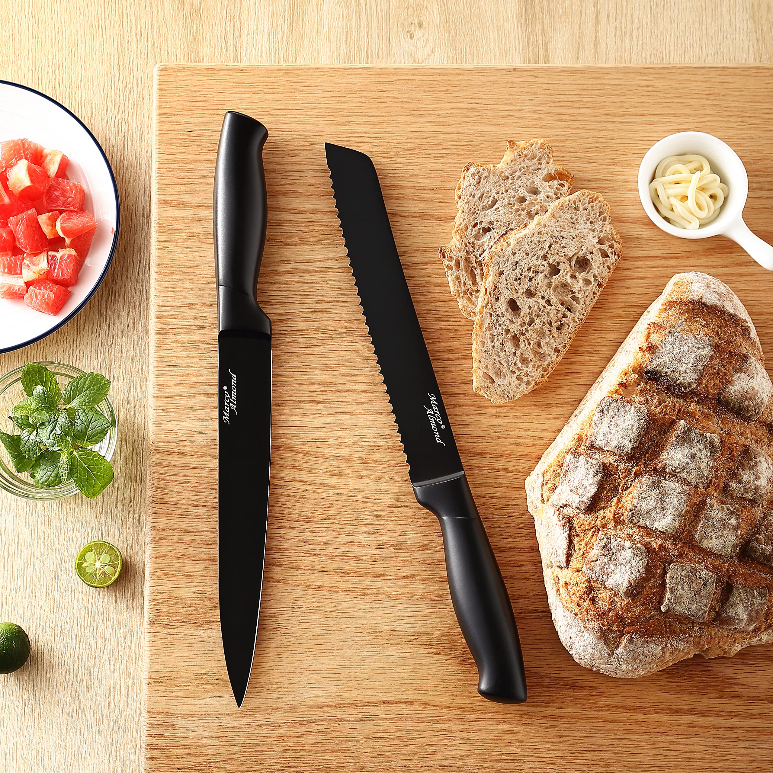 Marco Almond santoku and bread knife detail, serrations and smooth cutting power