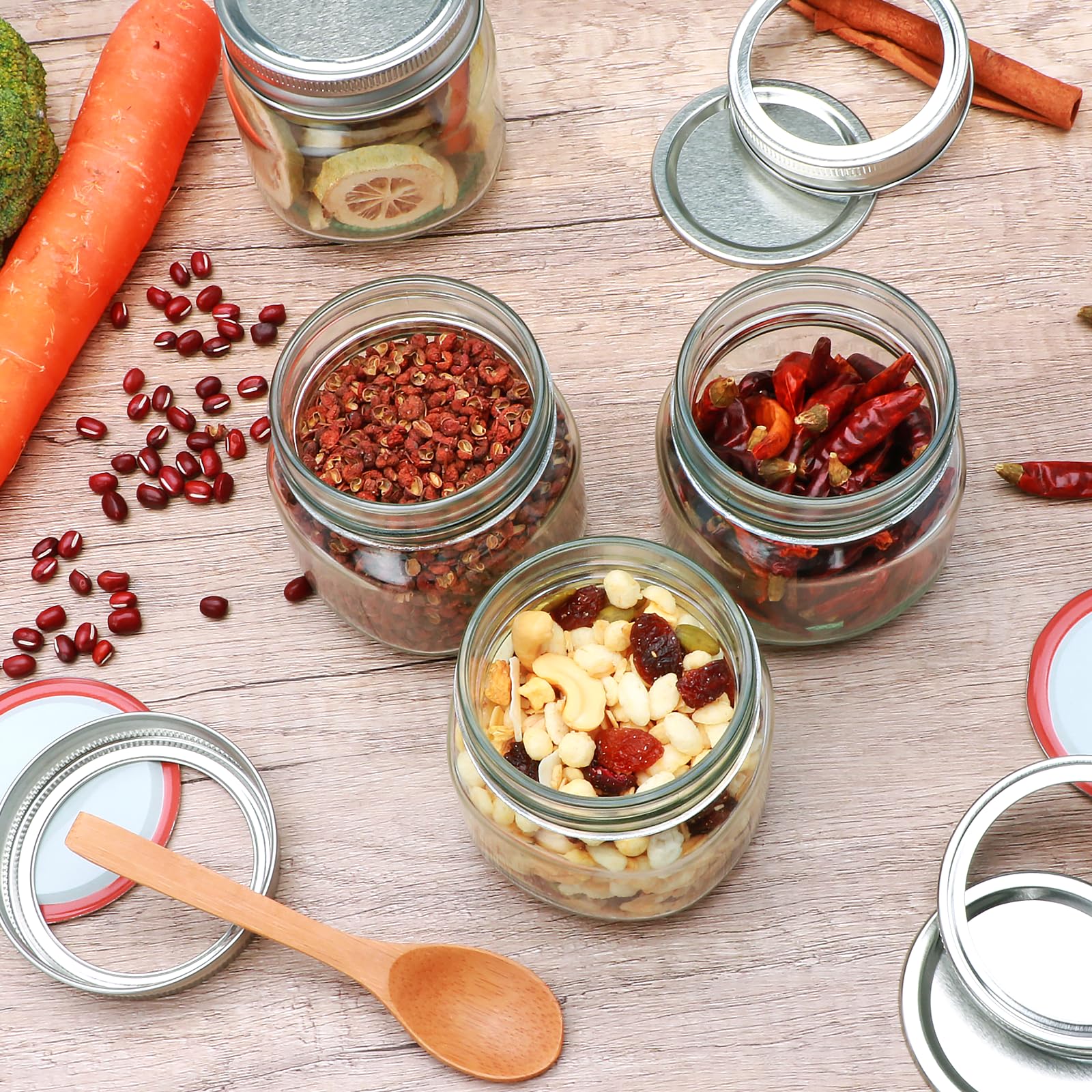 Maredash jars arranged with wooden spoon and labels for easy portioning