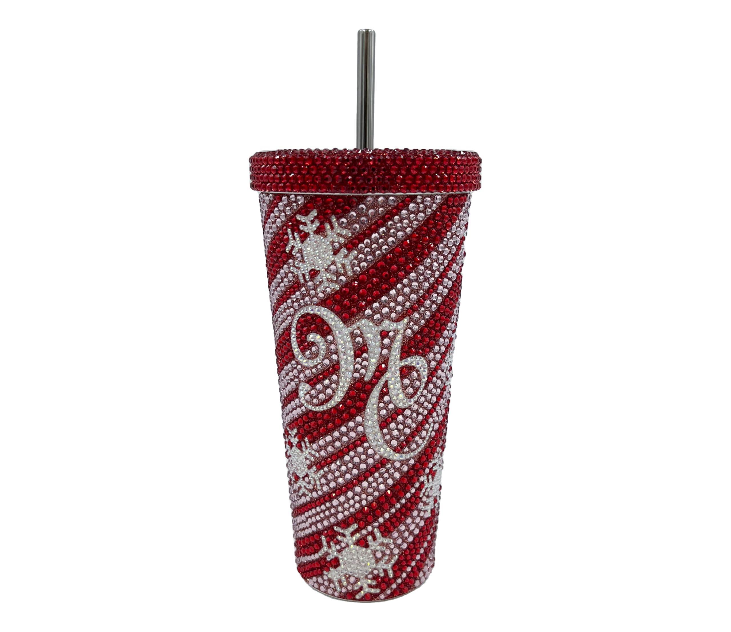 Mariah Carey tumbler front view showing rhinestone stripes and signature logo, festive appeal