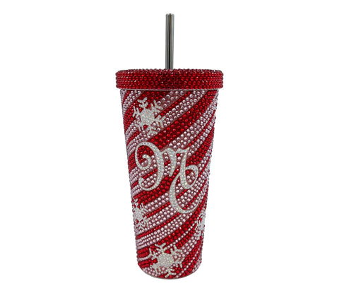 Mariah Carey tumbler front view showing rhinestone stripes and signature logo, festive appeal