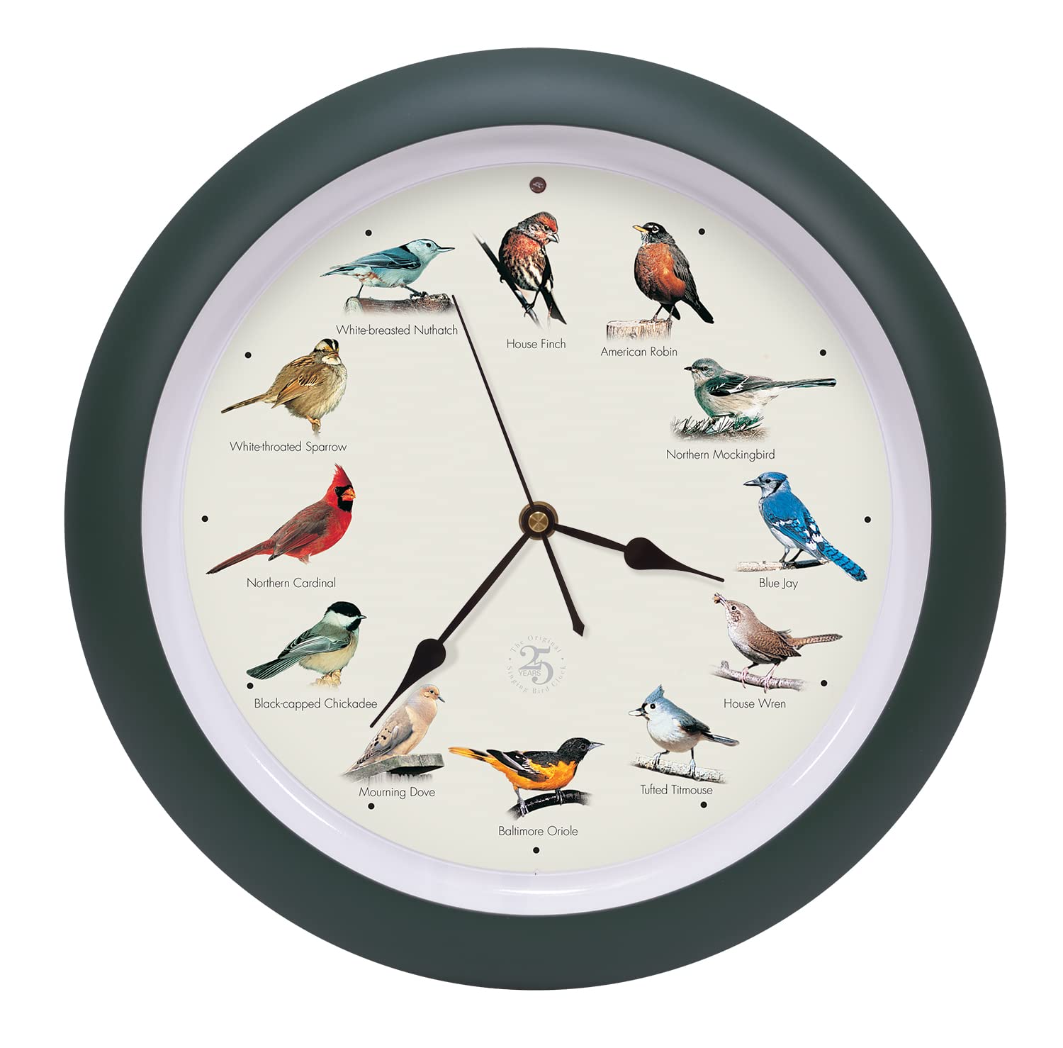 Mark Feldstein clock front view showing green finish and 13-inch dial for decorative timekeeping