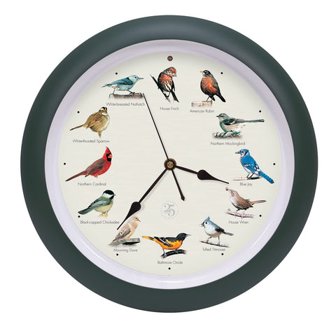 Mark Feldstein clock front view showing green finish and 13-inch dial for decorative timekeeping