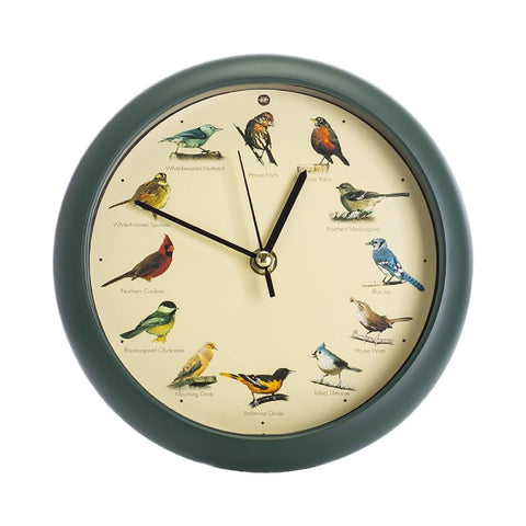 Mark Feldstein front view green clock showing bird portraits and readable hands for decorative timekeeping