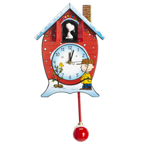 Mark Feldstein Peanuts clock front view with festive red case and characters visible for seasonal display