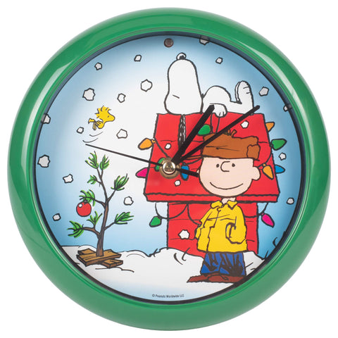 Mark Feldstein Peanuts clock front view showing festive artwork and time