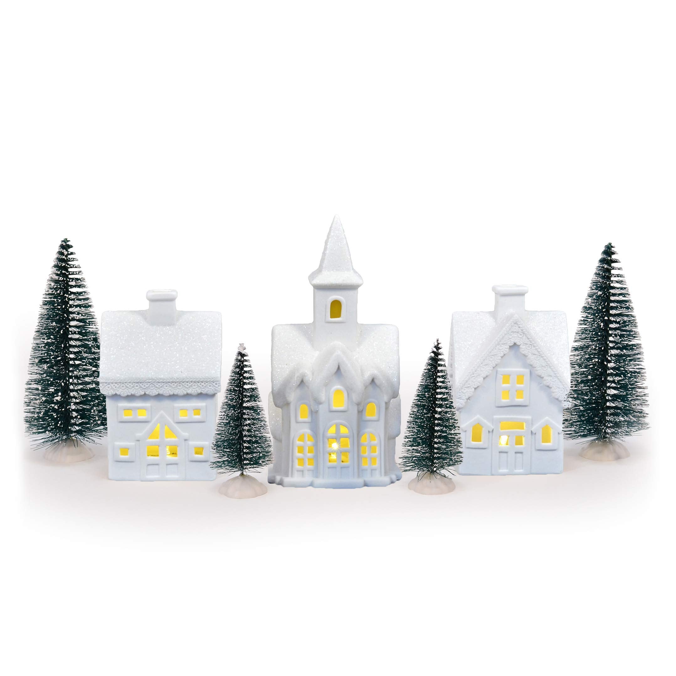 Mark Feldstein porcelain village front display showing whole set and cozy glow