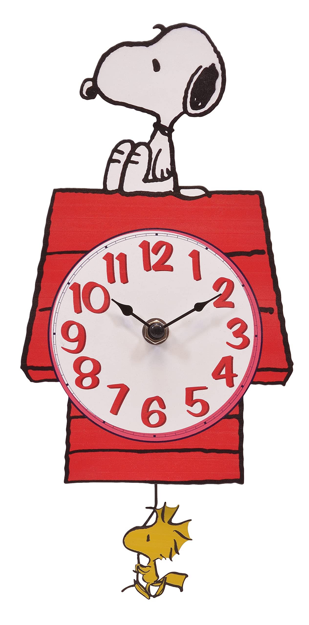 Mark Feldstein Snoopy clock front view showing clear dial and colorful artwork benefit: instant Peanuts focal point