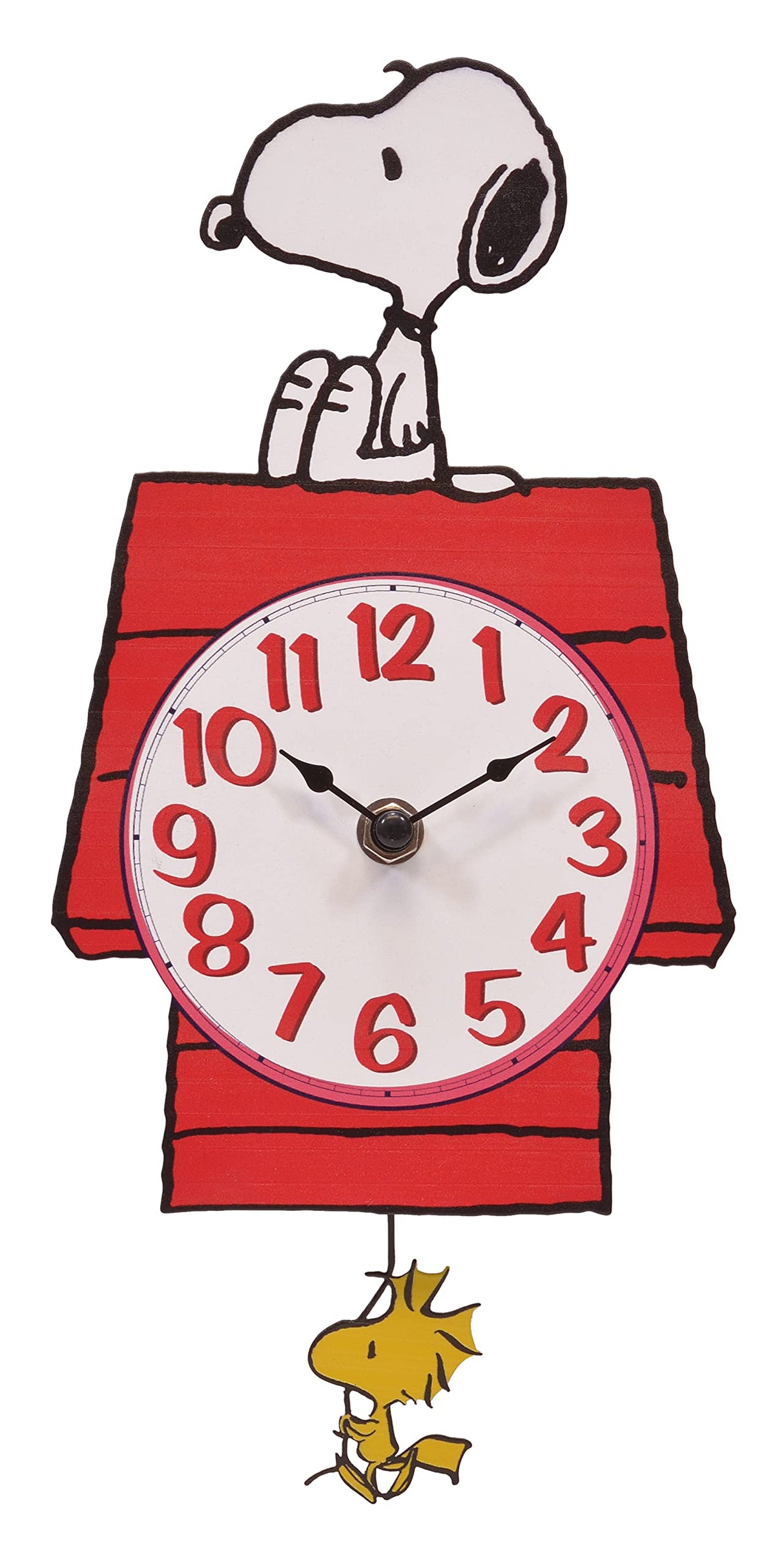 Mark Feldstein Snoopy clock front view showing clear dial and colorful artwork benefit: instant Peanuts focal point