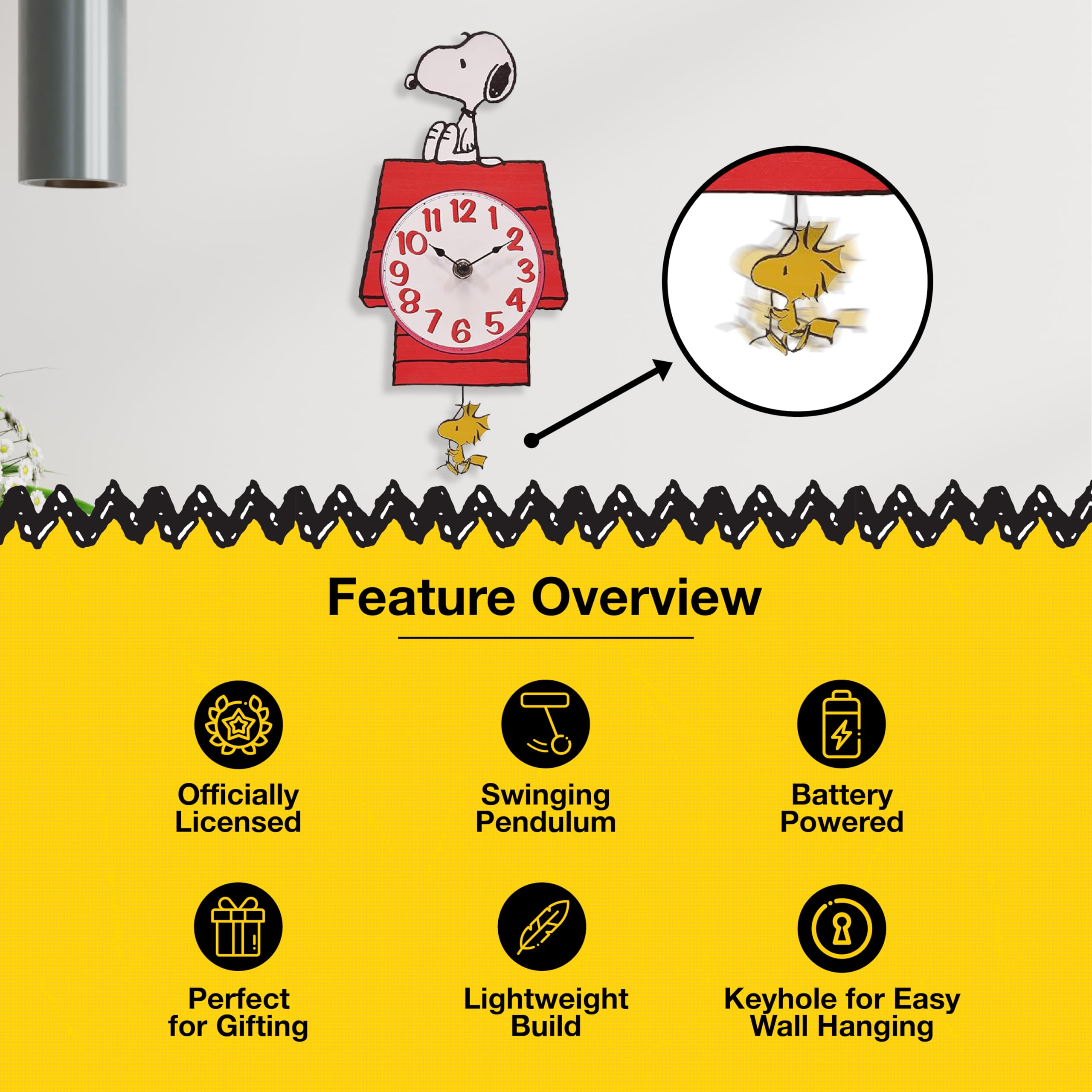 Mark Feldstein Snoopy clock mounted on wall in kitchen benefit: adds nostalgic character