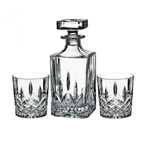 Marquis by Waterford front view of decanter and two glasses showing elegant presentation and clarity