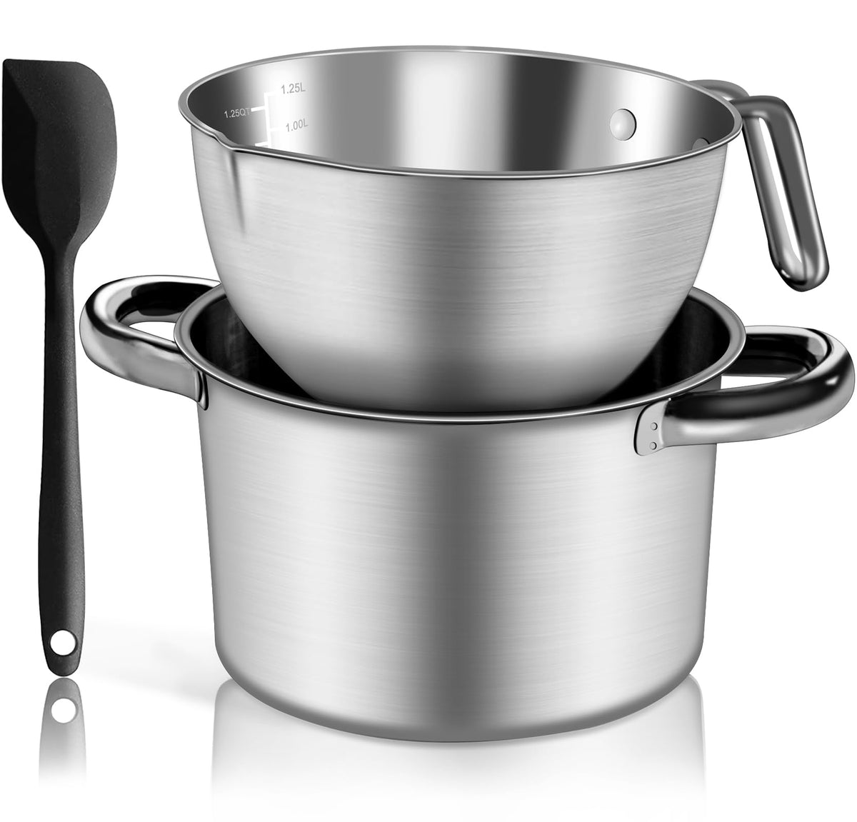 Marsheepy front view of melting pot set showing both pots and spatula, versatile heating