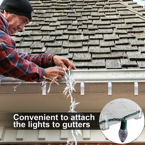 Marsui clip hooked on gutter illustrating weatherproof fastening benefit