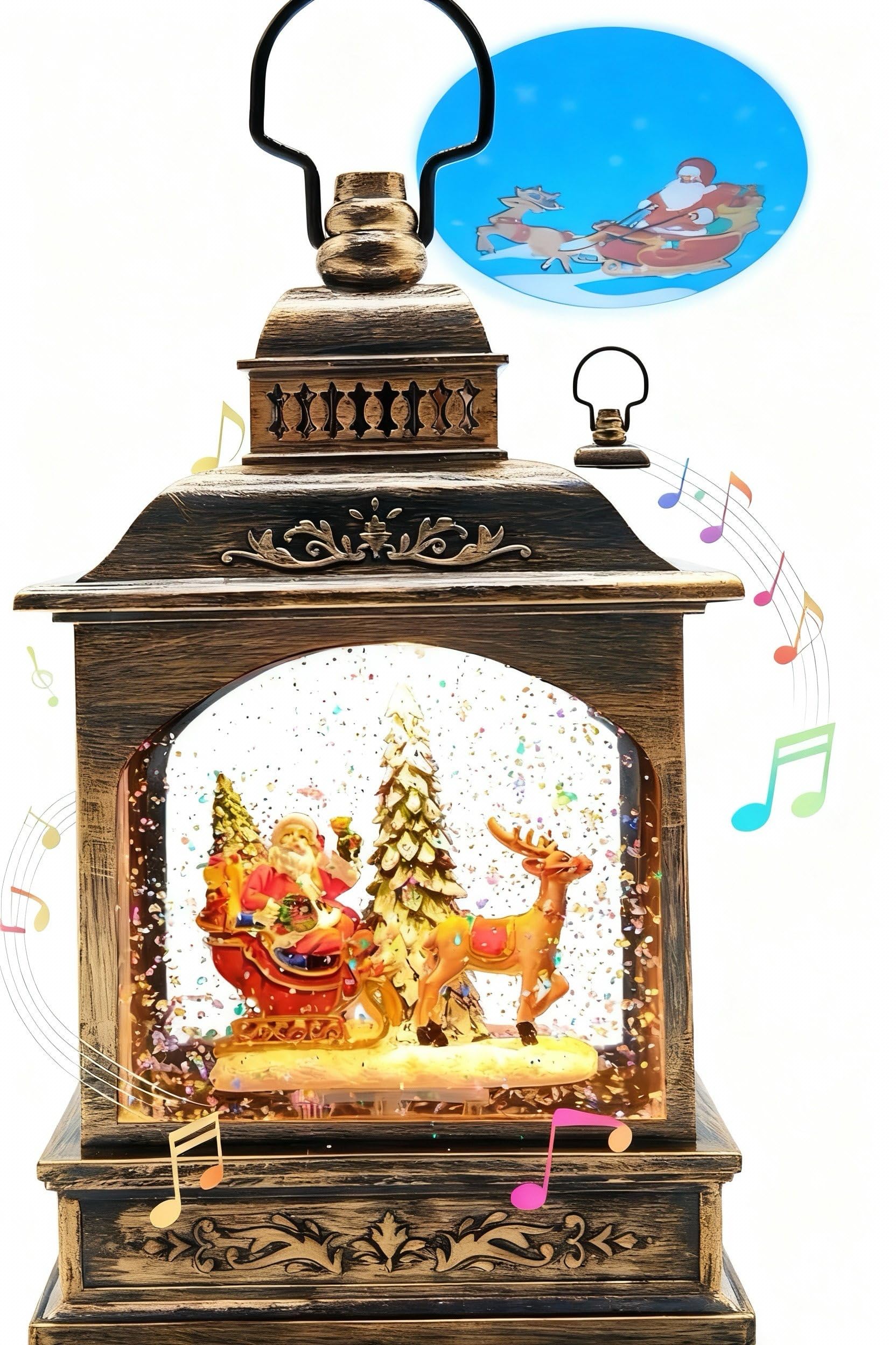 marsyu lantern front view showing festive scene and benefit of instant holiday centerpiece