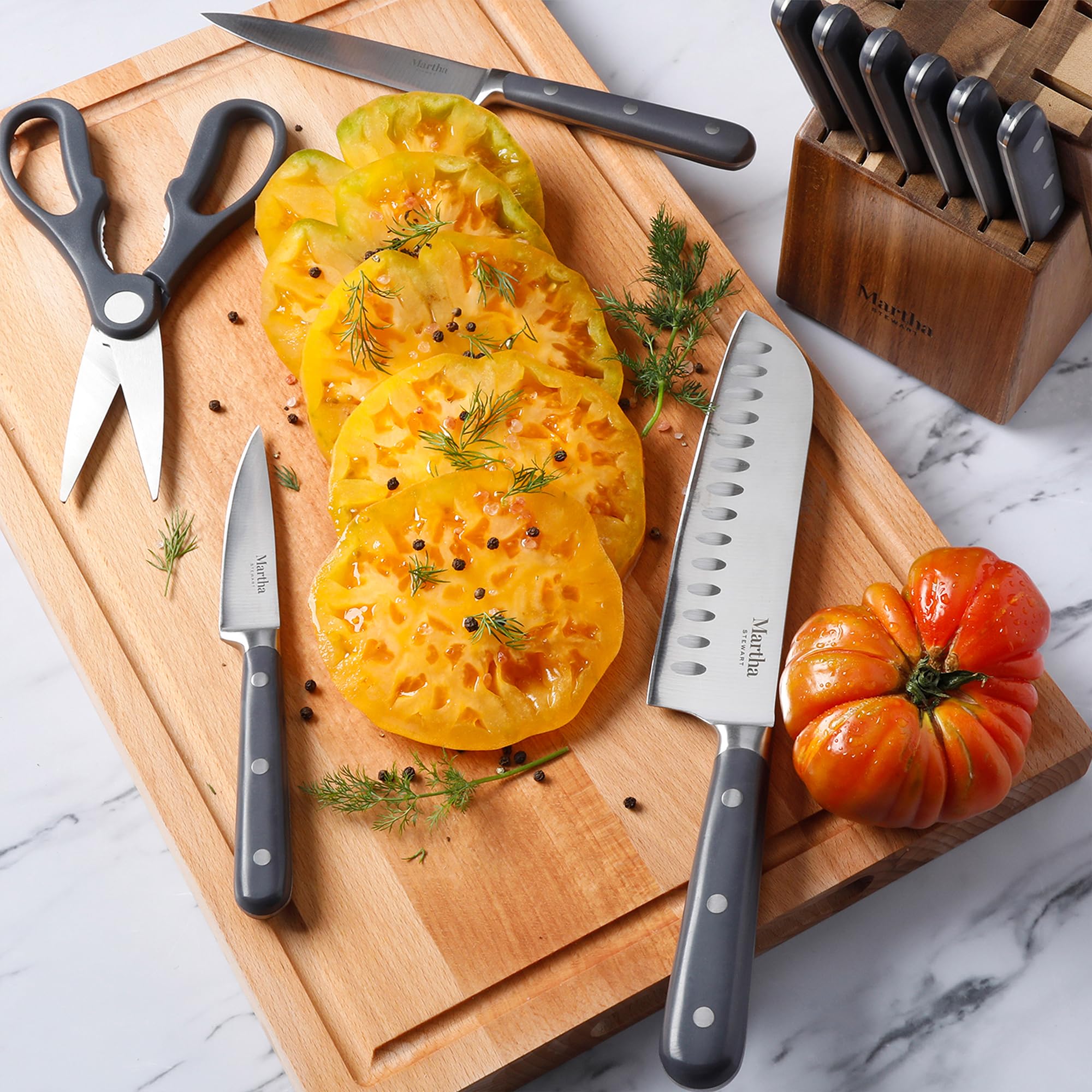 Martha Stewart acacia wood block grain and finish, protecting blades and enhancing kitchen decor