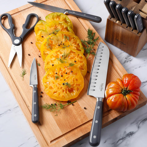 Martha Stewart acacia wood block grain and finish, protecting blades and enhancing kitchen decor