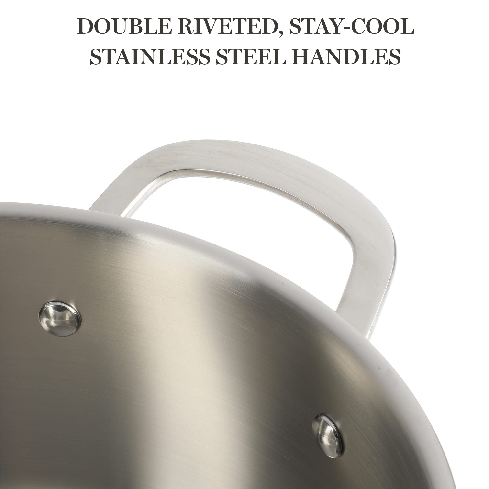 Martha Stewart Castelle double-riveted handle close-up for secure grip and confident lifting