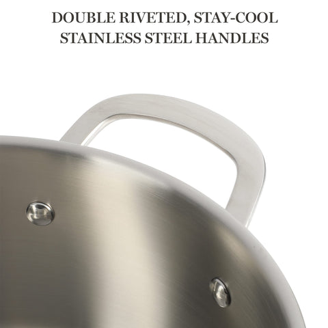 Martha Stewart Castelle double-riveted handle close-up for secure grip and confident lifting