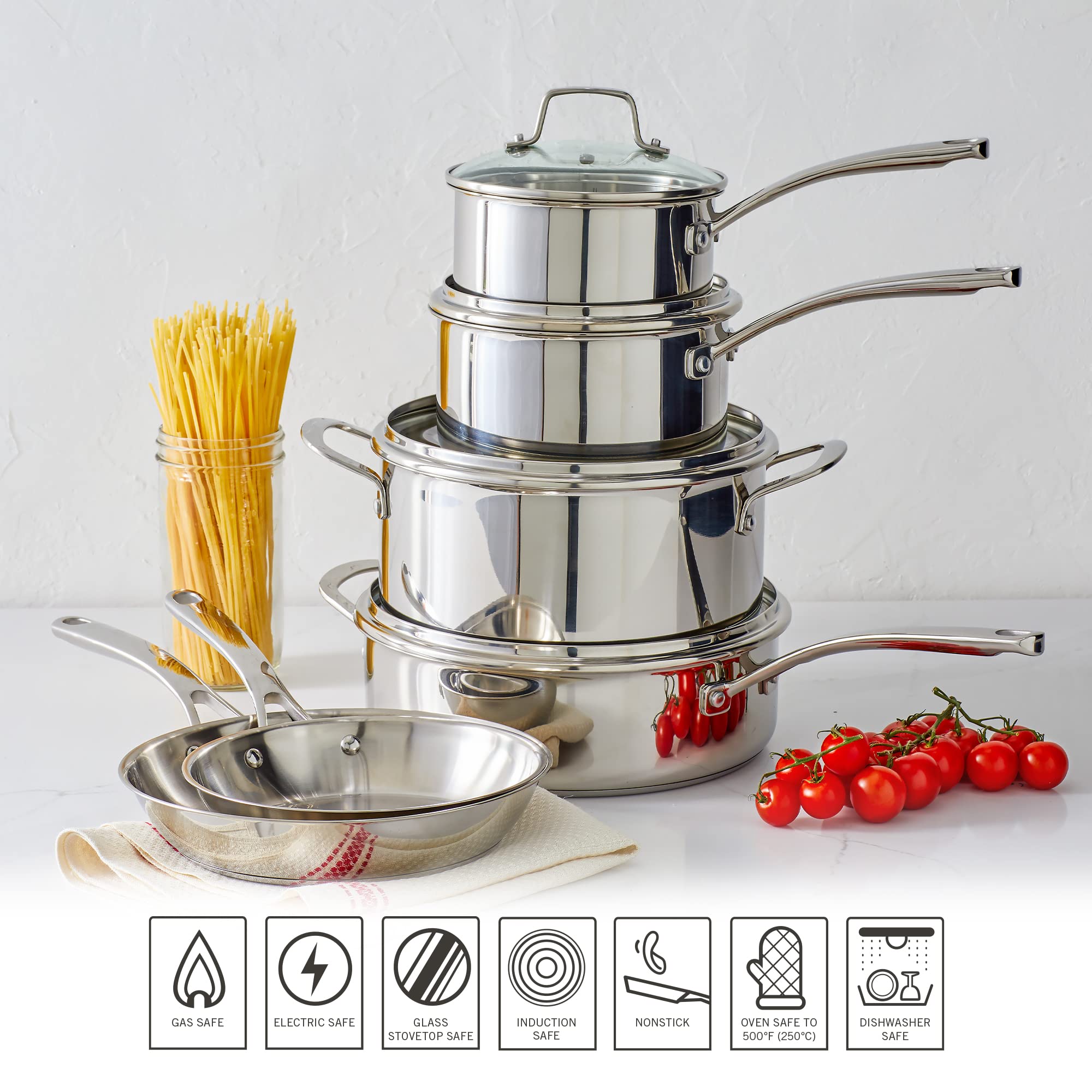 Martha Stewart Castelle pans beside common kitchen items showing scale and space-saving fit