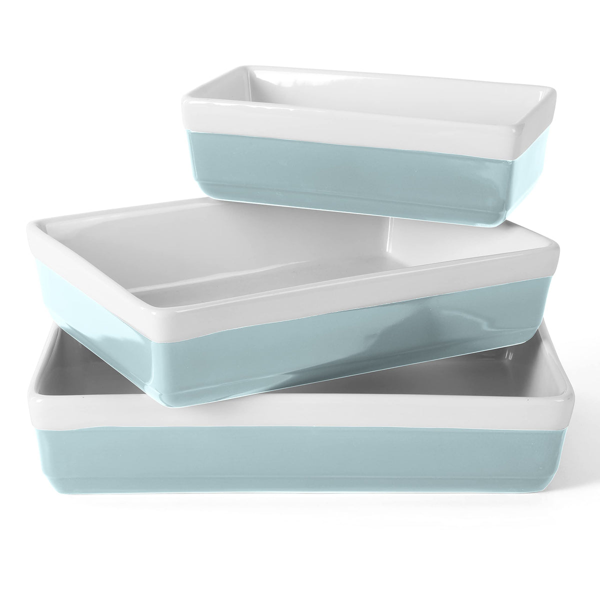 Martha Stewart front view of dusty blue bakeware set showing elegant table-ready look