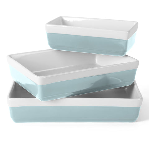 Martha Stewart front view of dusty blue bakeware set showing elegant table-ready look