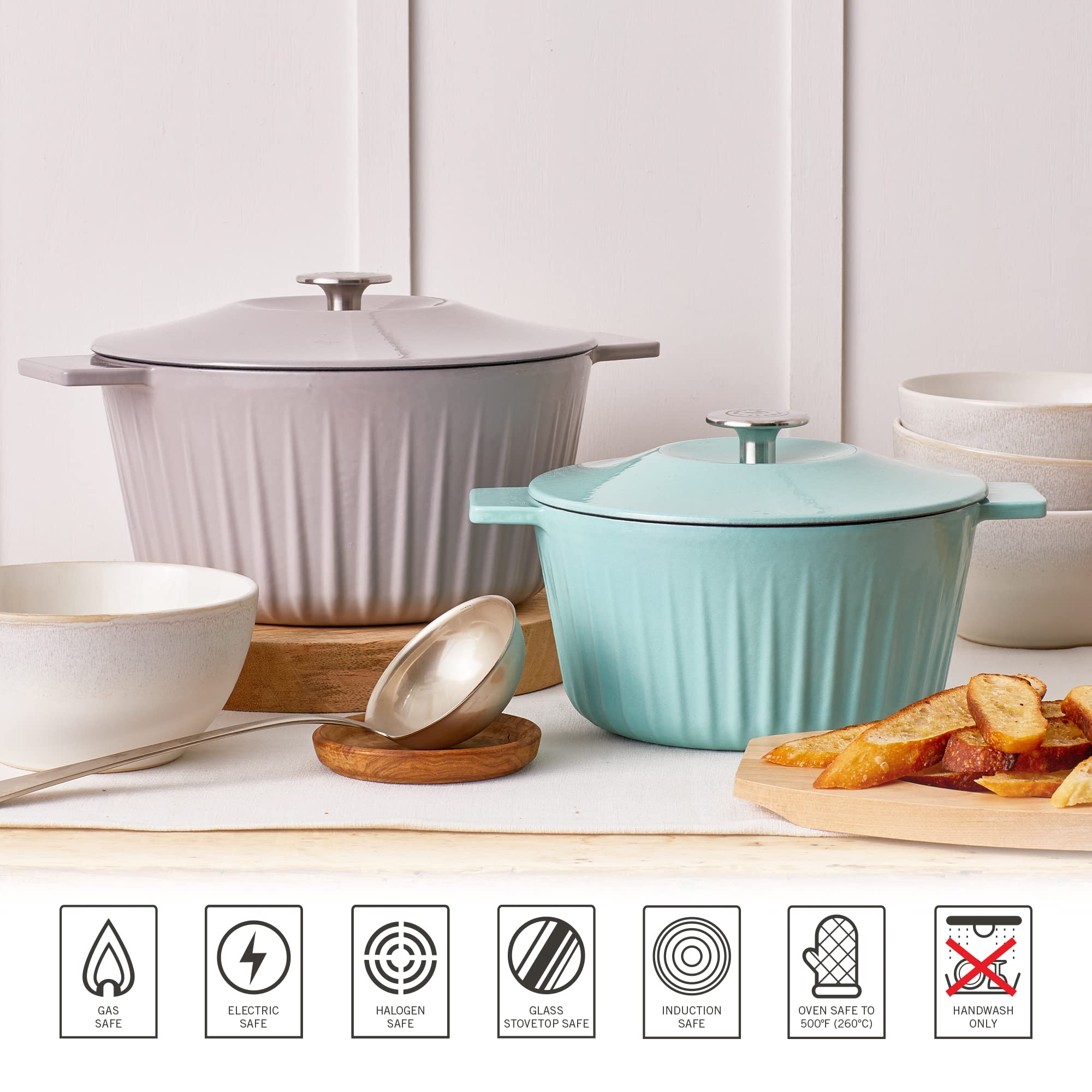 Martha Stewart Eastholm beside a measuring cup showing 5-quart capacity and kitchen scale benefit