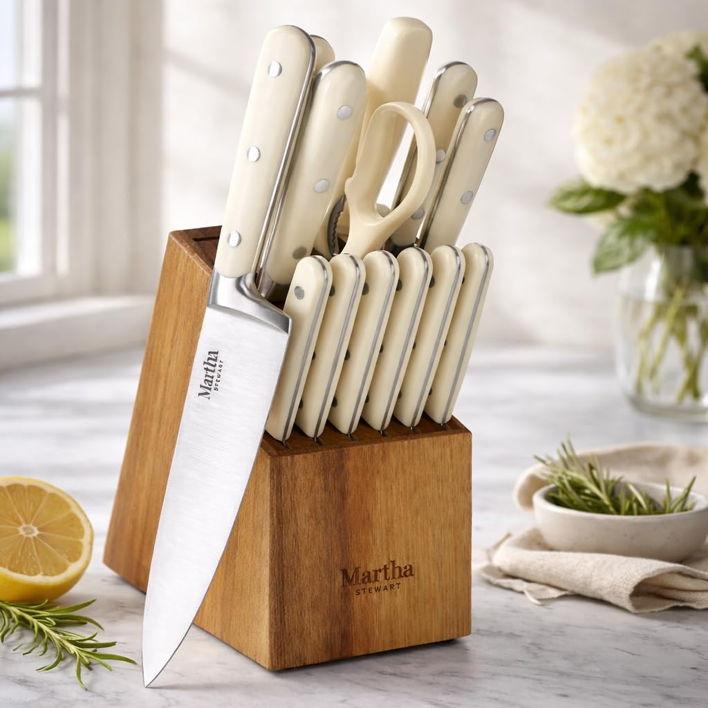 Martha Stewart close-up of forged blade edge highlighting precise cutting