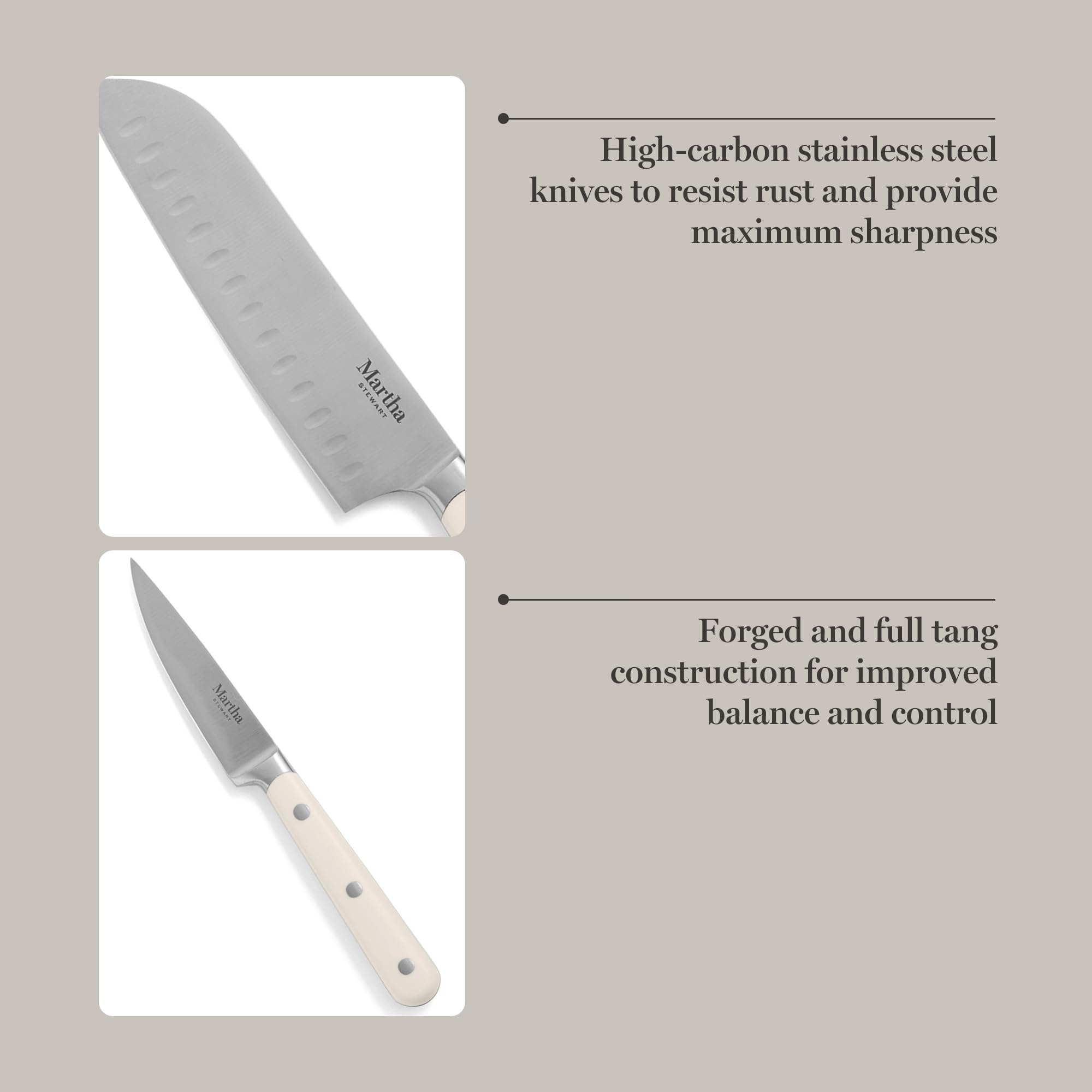 Martha Stewart triple-riveted linen white handle detail for comfortable grip