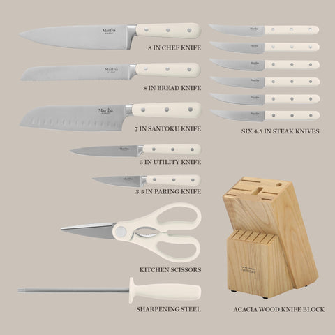 Martha Stewart knives on wood board showing scale and everyday practicality