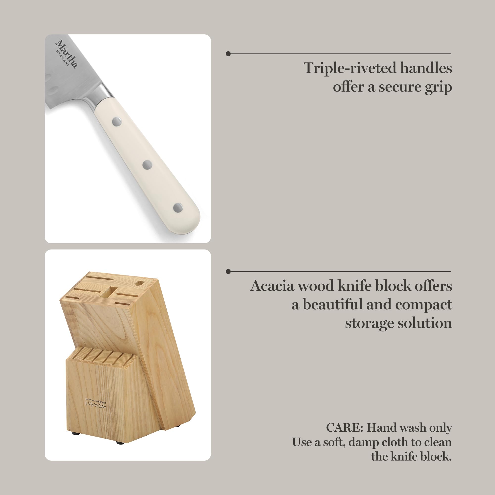 Martha Stewart steak knives slicing steak to show clean table service