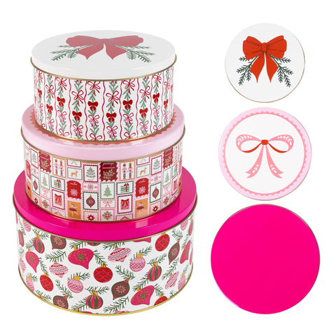 Martha Stewart front view of three festive metal tins showing gift-ready look and protection