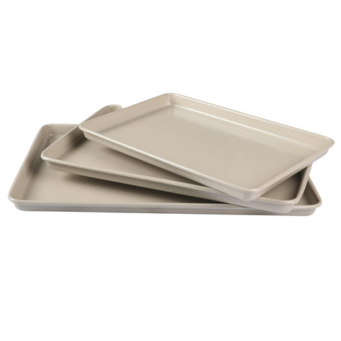 Martha Stewart Gallen front view of taupe baking sheet set, stylish kitchen-ready