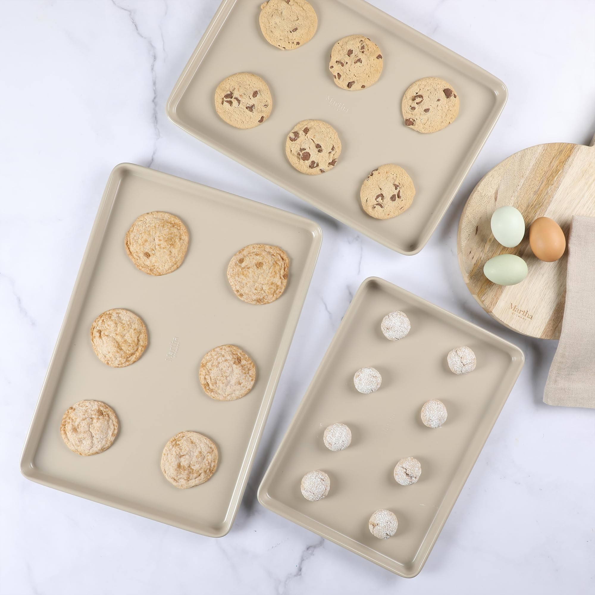 Martha Stewart Gallen sheet pan in oven with cookies for even browning